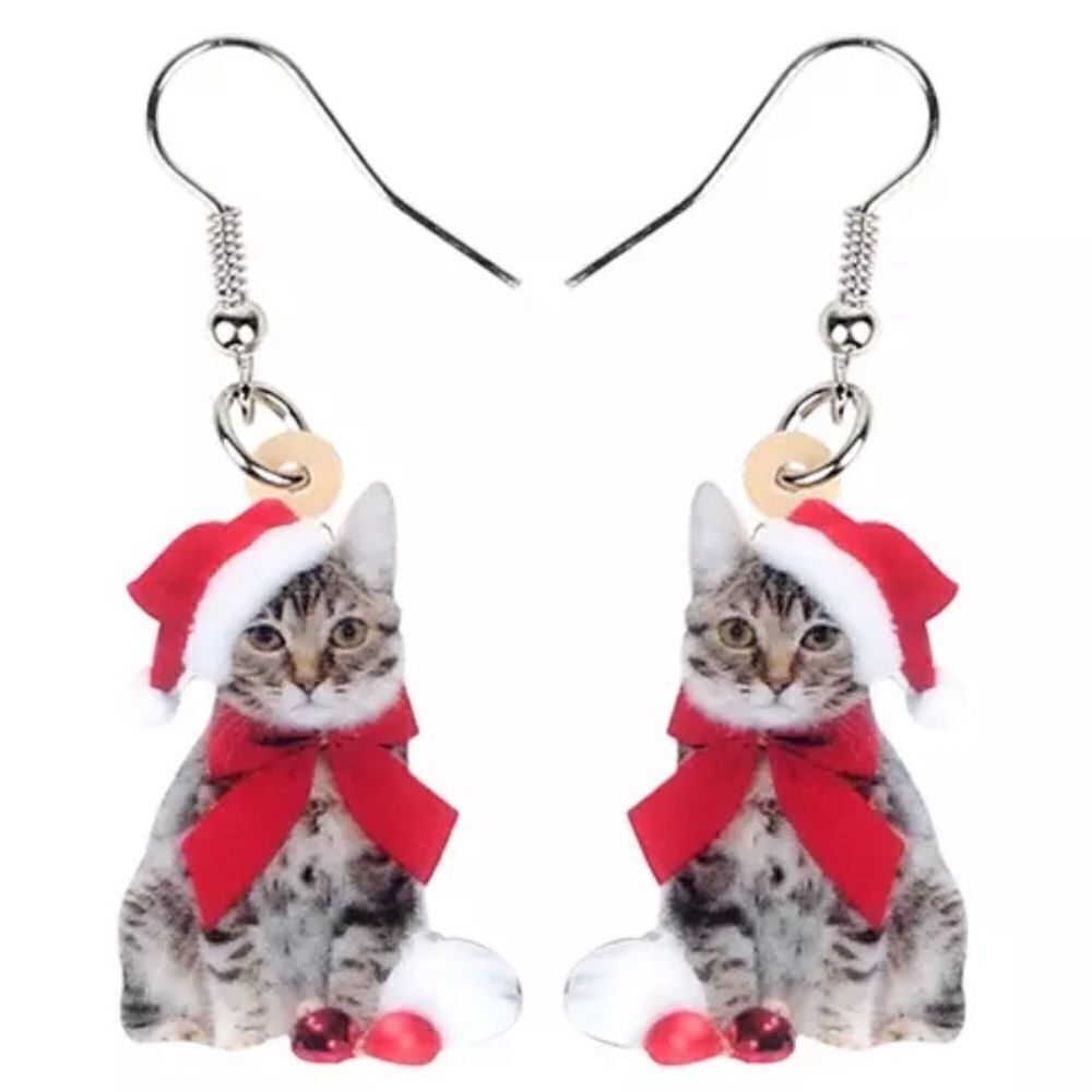 Christmas Kitten Earrings Cat Santa Acrylic Lightweight Holiday